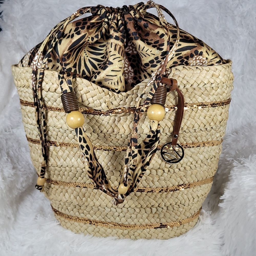 Style & Co. Cheetah Print Straw Tote Bag - Picture 2 of 6